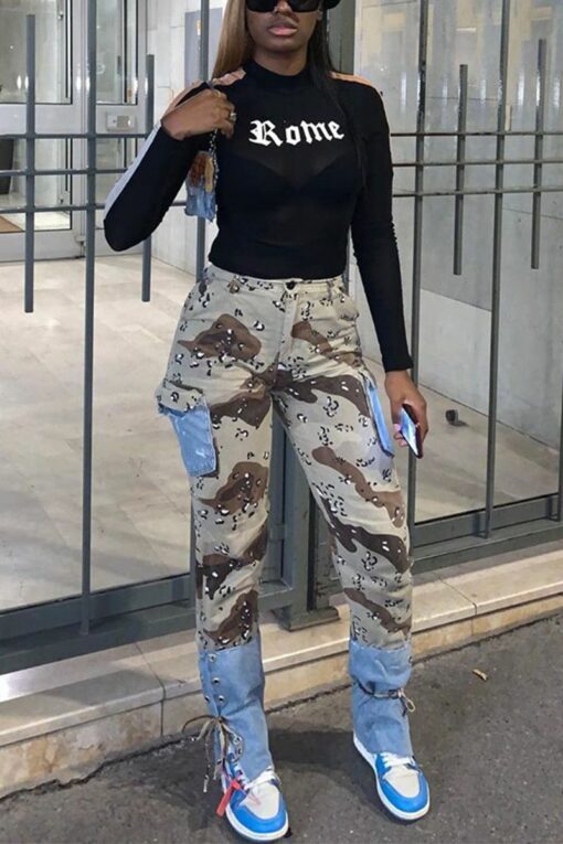 Camouflage Fashion Casual Camouflage Print Split Joint Strap Design Mid Waist Regular Jeans
