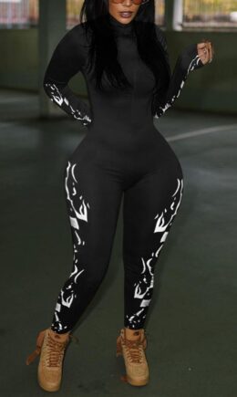 Fashion Casual Print Basic Turtleneck Skinny Jumpsuits