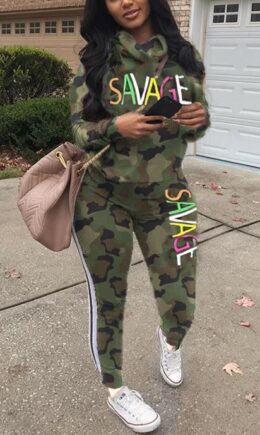 Camouflage Fashion Sports Hooded Long Sleeve Two Piece Suit