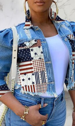 Sexy Print Split Joint Turndown Collar Outerwear