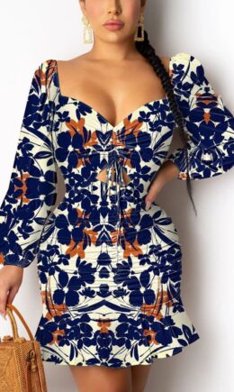Navy Casual Print Draw String O Neck Dresses