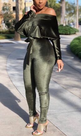 Casual Velvet Off-The-Shoulder Jumpsuit With Belt