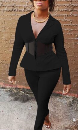 Casual Solid Split Joint V Neck Long Sleeve Two Pieces