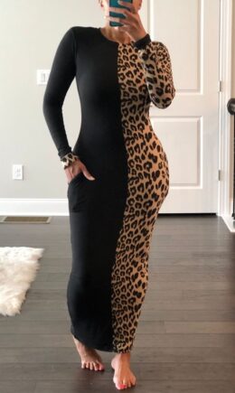Fashion Casual Print Leopard Split Joint O Neck Long Sleeve Dress