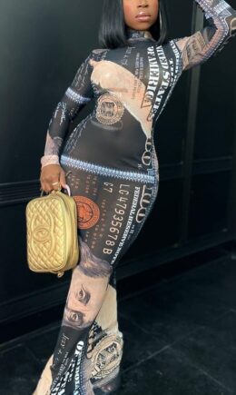 Fashion Sexy Print See-through Turtleneck Printed Dress