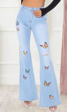 Fashion Casual Butterfly Print Ripped Mid Waist Boot Cut Jeans