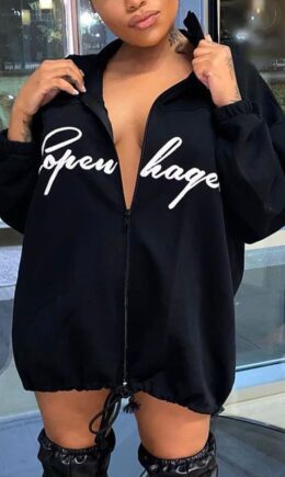 Celebrities Print Letter Turndown Collar Outerwear
