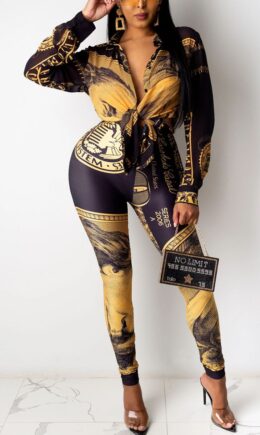 Casual Print Bandage Shirt Collar Long Sleeve Two Pieces
