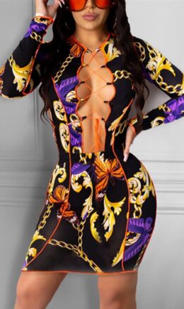 Fashion Sexy Print Hollowed Out V Neck Long Sleeve Dress