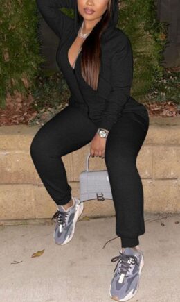 Sweet Solid Hooded Collar Jumpsuits