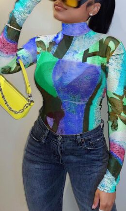 Casual Print Turtleneck Tops