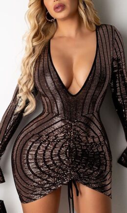 Sexy Solid Sequins Split Joint Fold V Neck Pencil Skirt Dresses