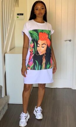 Cotton Casual Bat sleeve Short Sleeves O neck Step Skirt Knee-Length Print head portrait Print Dres