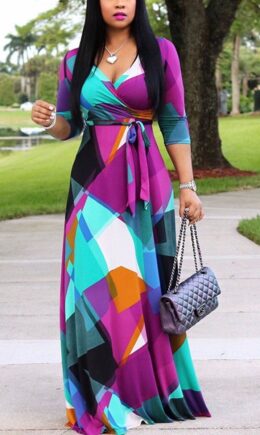 Casual Print Split Joint Frenulum V Neck Dresses