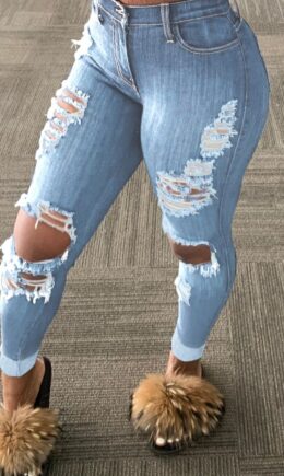 Fashion Casual Solid Ripped Mid Waist Regular Jeans