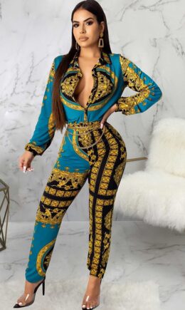 multicolor Sexy Print Button Polyester Long Sleeve Turndown Collar  Jumpsuits