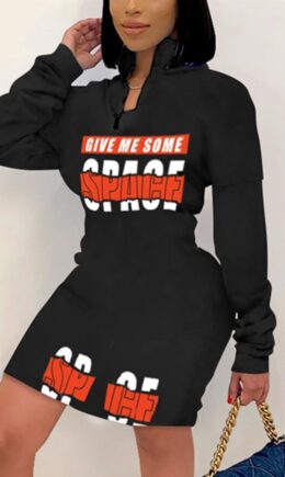 Fashion Casual Print Letter Zipper Collar Long Sleeve Dress
