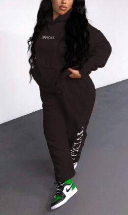 Fashion Casual Letter Print Basic Hooded Collar Long Sleeve Two Pieces