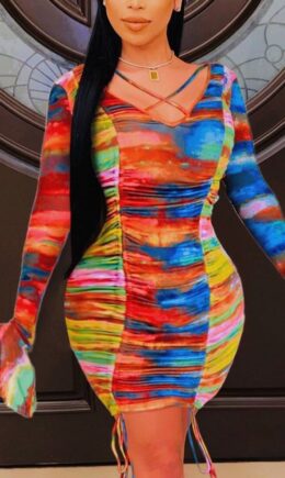 British Style Print Tie-dye V Neck Wrapped Skirt Dresses