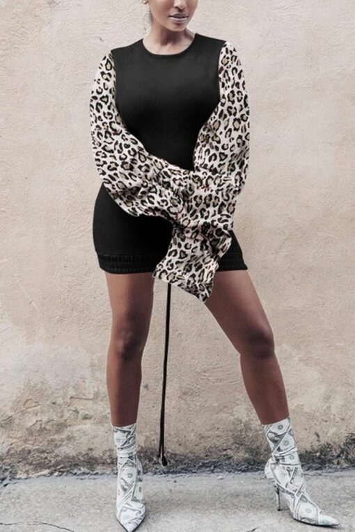 Fashion Sexy Leopard Split Joint O Neck Long Sleeve Dress