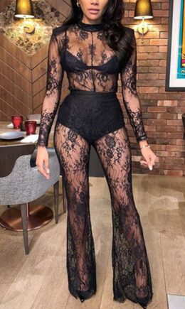 Fashion Sexy Solid See-through O Neck Regular Lace Jumpsuits