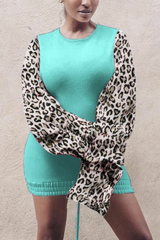 Fashion Sexy Leopard Split Joint O Neck Long Sleeve Dress