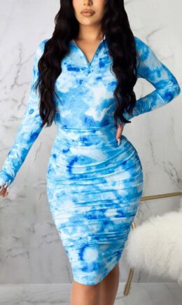 Sexy Print Split Joint Fold O Neck Pencil Skirt Dresses
