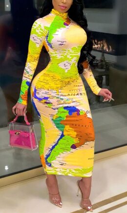 British Style Print Turtleneck A Line Dresses