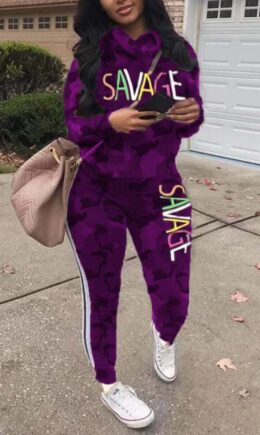 Fashion Casual Letter Print Camouflage Print Letter Turtleneck Plus Size Set