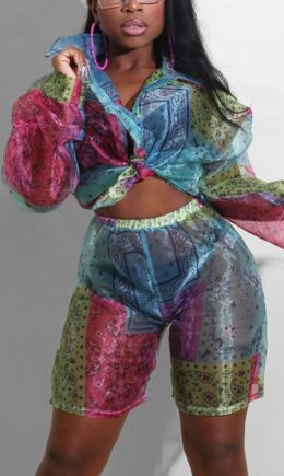 Sexy Casual Print Split Joint See-through Turndown Collar Long Sleeve Two Pieces