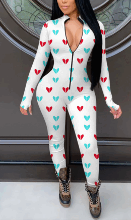 Casual Print Split Joint Zipper Collar Skinny Jumpsuits