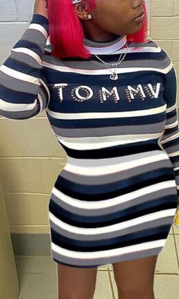 Fashion Casual Striped Print Letter Turtleneck Printed Dress