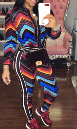 Casual Print Split Joint Zipper Collar Long Sleeve Two Pieces