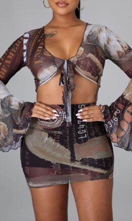 Sexy Print Bandage V Neck Long Sleeve Two Pieces