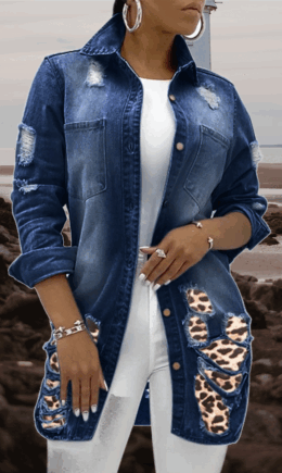 Casual Leopard Ripped Turndown Collar Long Sleeve Straight Denim