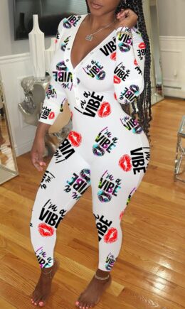 Casual Print Buttons V Neck Regular Jumpsuits