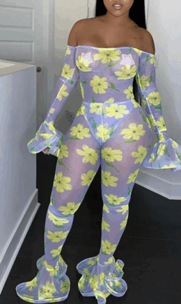Sexy Print See-through Bateau Neck Skinny Jumpsuits