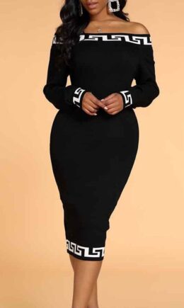 Fashion Casual Print Split Joint Bateau Neck Long Sleeve Dresses