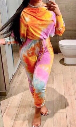 British Style Print Tie-dye O Neck Long Sleeve Two Pieces