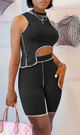 Fashion Casual Solid Split Joint Asymmetrical Half A Turtleneck Sleeveless Two Pieces