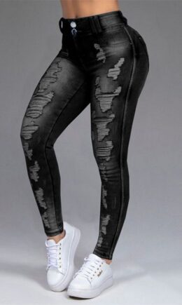 Casual Solid Ripped Mid Waist Skinny Denim