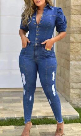 Street Solid Turndown Collar Regular Jumpsuits