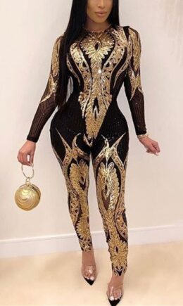 Fashion Long Sleeve Perspective Sequins Jumpsuit