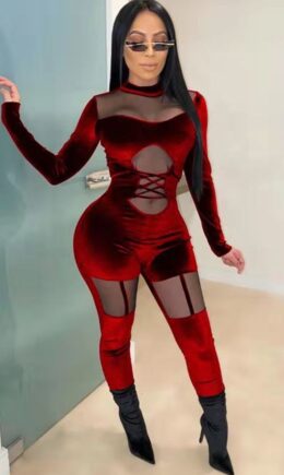 Sexy Patchwork Solid Polyester Long Sleeve O Neck  Jumpsuits
