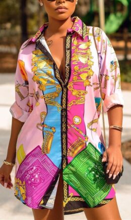 Fashion Print Long Sleeve Shirt Dress