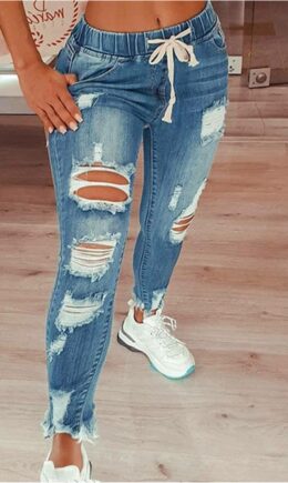 Fashion Casual Solid Ripped Mid Waist Regular Jeans