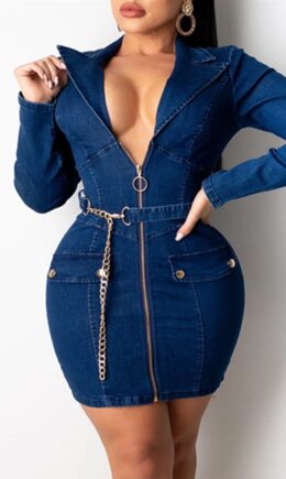 Fashion Casual Solid With Belt Turndown Collar Long Sleeve Dresses