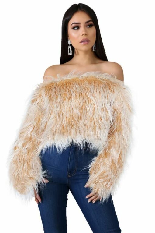 Artificial fur One word collar Long Sleeve Solid Long Sleeve Tops