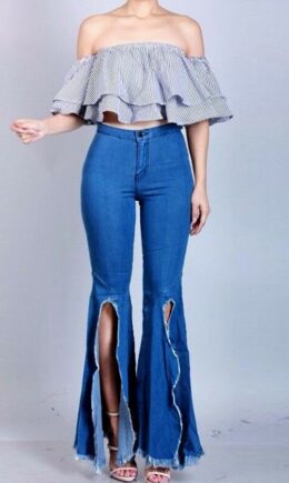 Denim Zipper Fly Button Fly High Solid washing Hole Zippered Boot Cut Pants