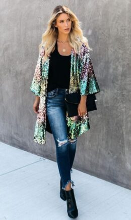 Multi-color Half-Open collar Sequin Patchwork Others Long Sleeve cloak